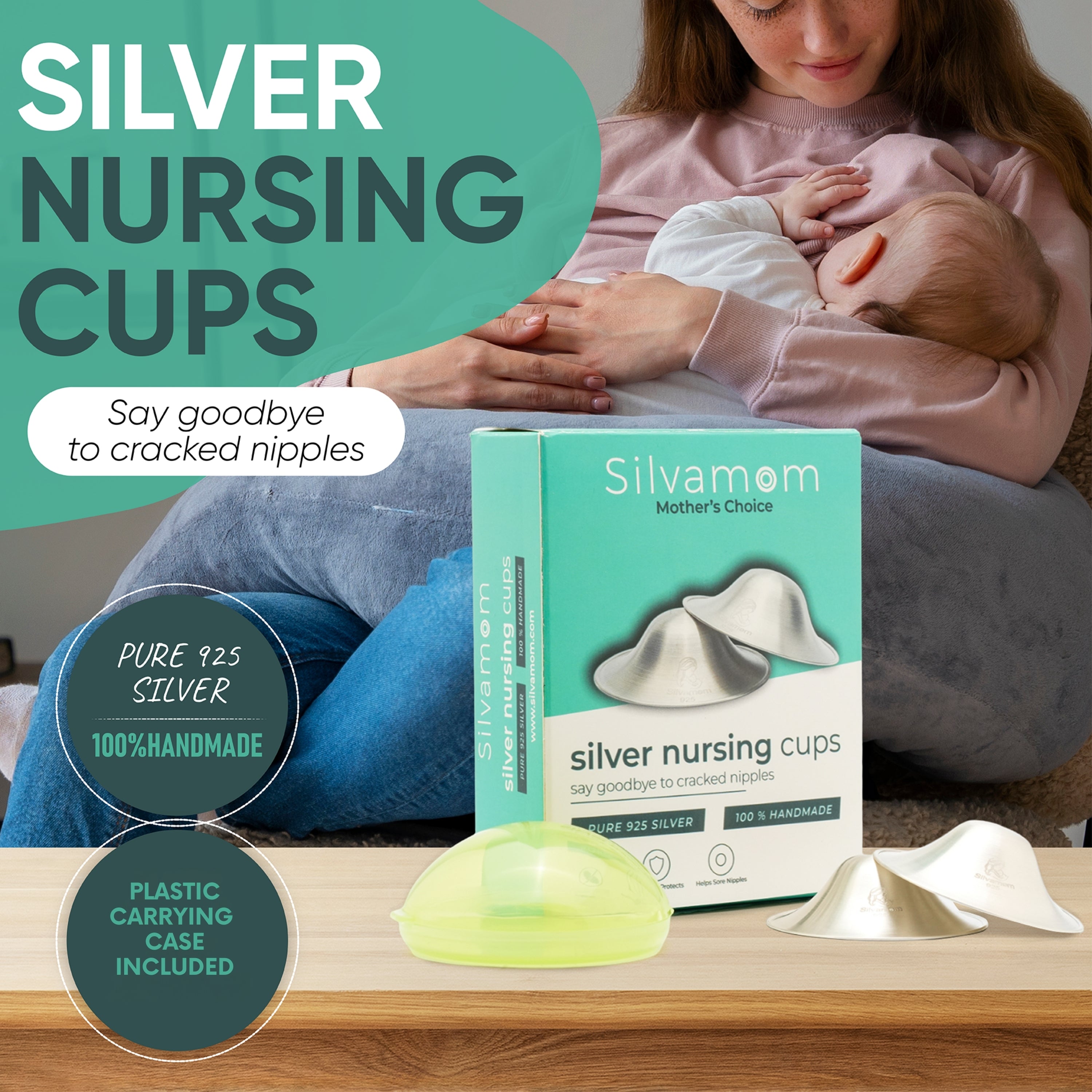 Silver Nursing Cups - Reusable 925 Silver Nursing Covers for Sore Nipples, Postpartum Mom Breastfeeding Essentials, Soothes & Protects